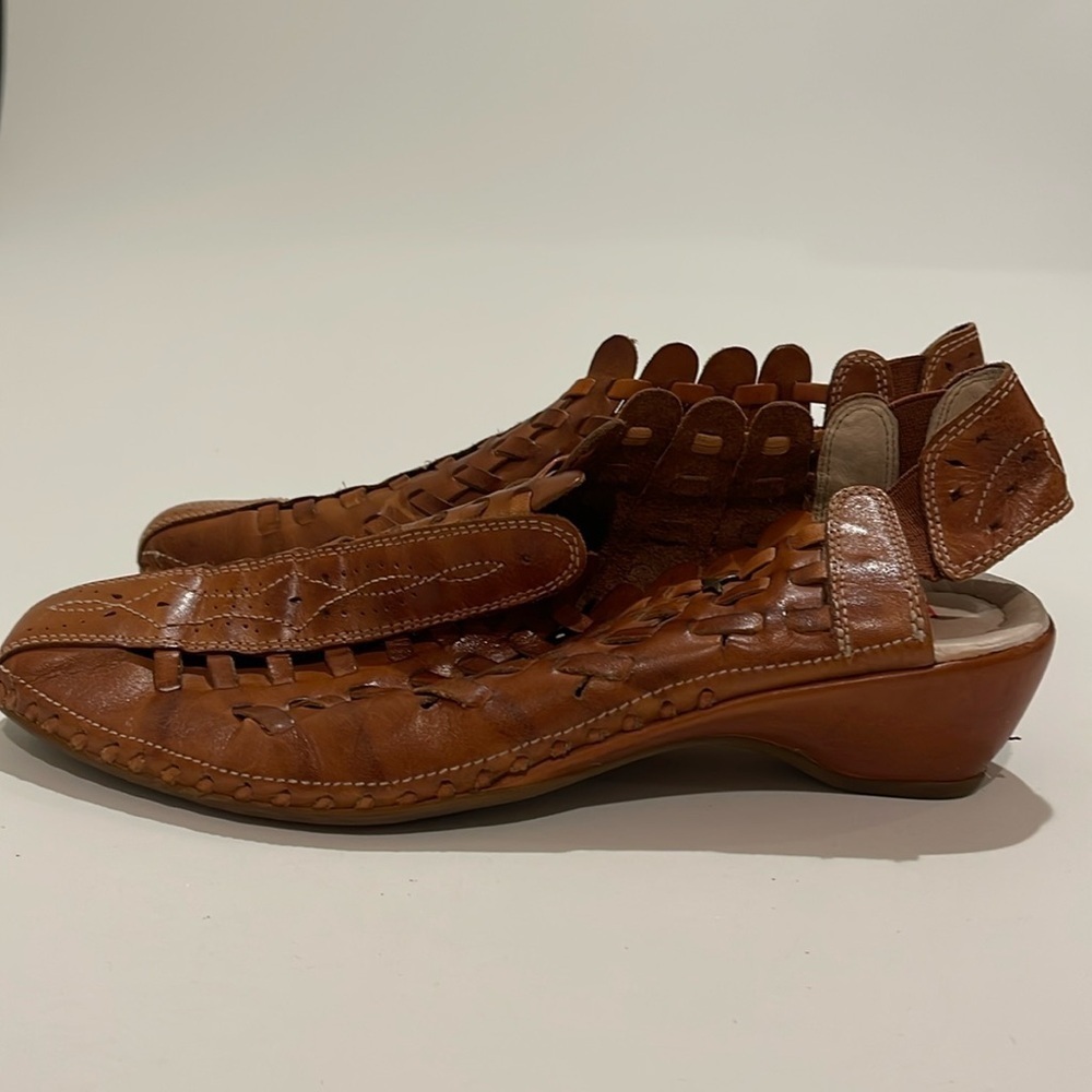 PIKOLINOS Romana Tan Leather Sling-Back Woven Slingback Wedge